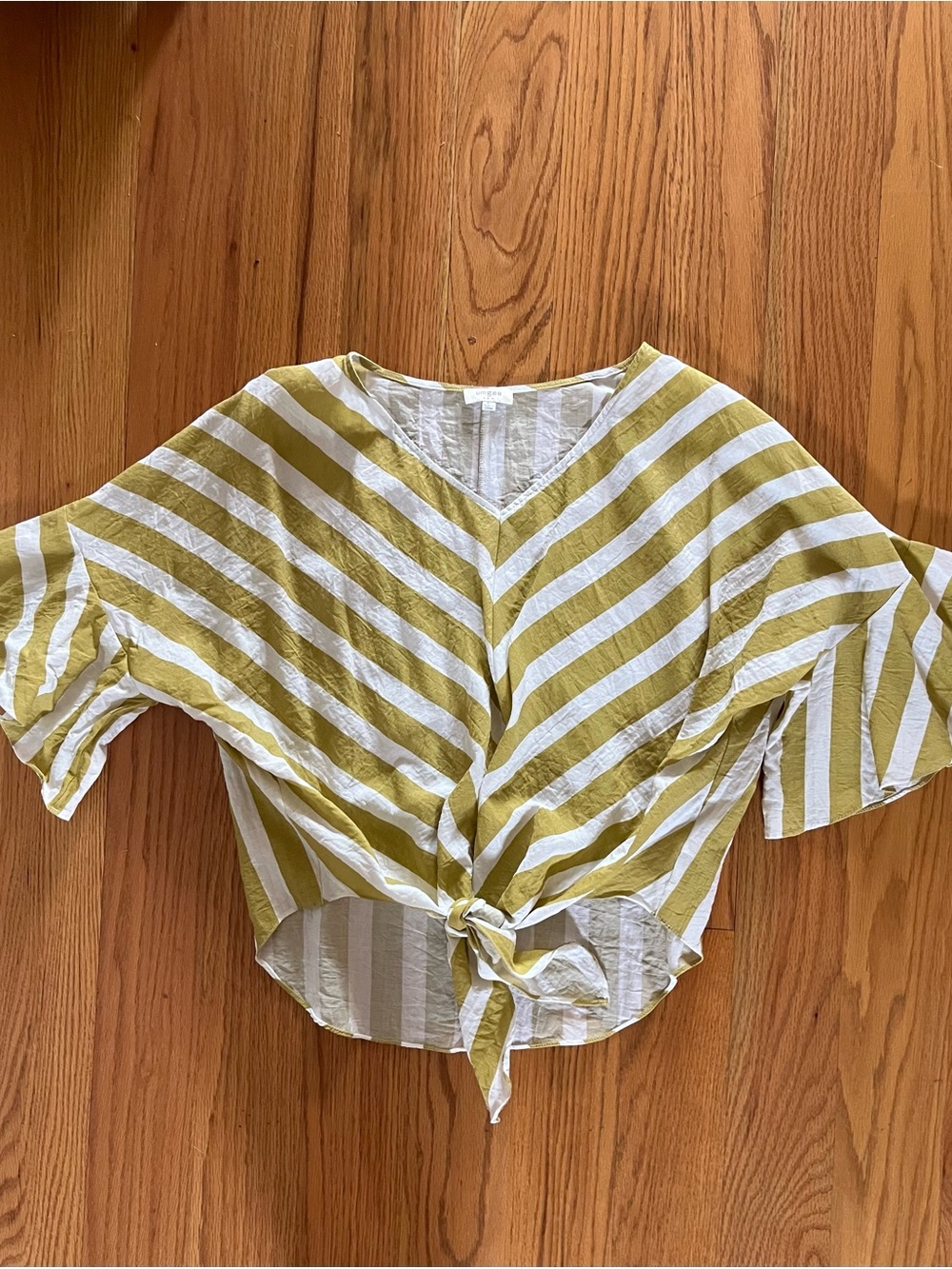Umgee Yellow and White Striped Tie-Front V-Neck Blouse
